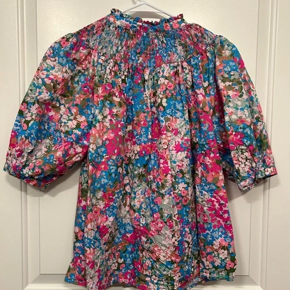 SUGARLIPS Avery Blossom Floral Smocked Mock Neck Top in Dusty Pink Size Small - Picture 8 of 12